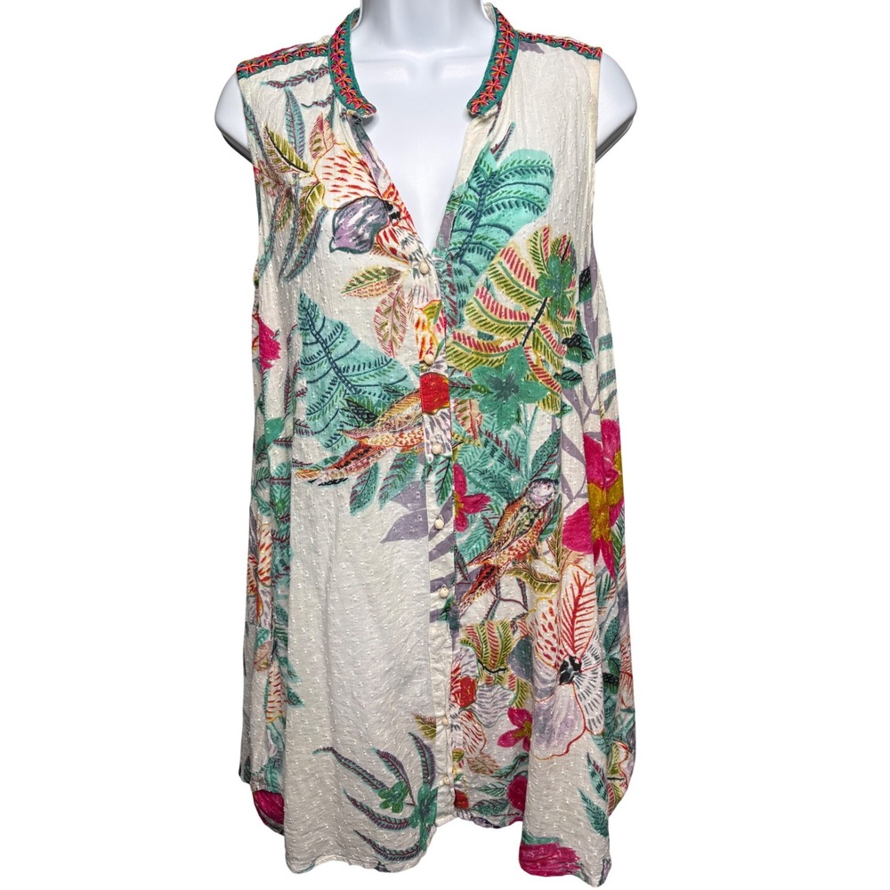 I CAFTANI DI ROBY ZU Womens White Tropical Floral Swiss Dot Tunic S Boho Gauze